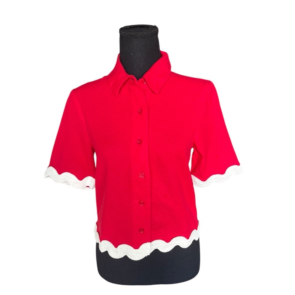 MANGO Red Scalloped Trim Cotton Button-Down Blouse (XS, NWT) E90 - Picture 2 of 8